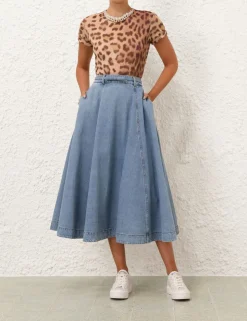 Crush Denim Full Midi Skirt