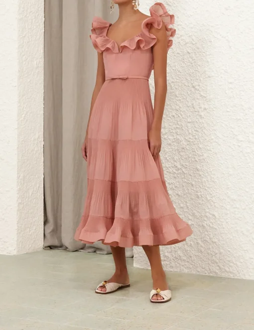 Pleated Frill Midi Dress